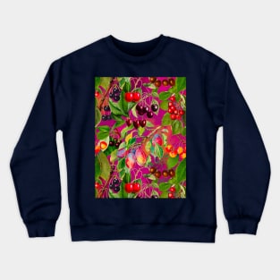 Exotic tropical floral leaves and fruits, botanical pattern, tropical fruits pattern, Pink and fuchsia fruit pattern over a Crewneck Sweatshirt